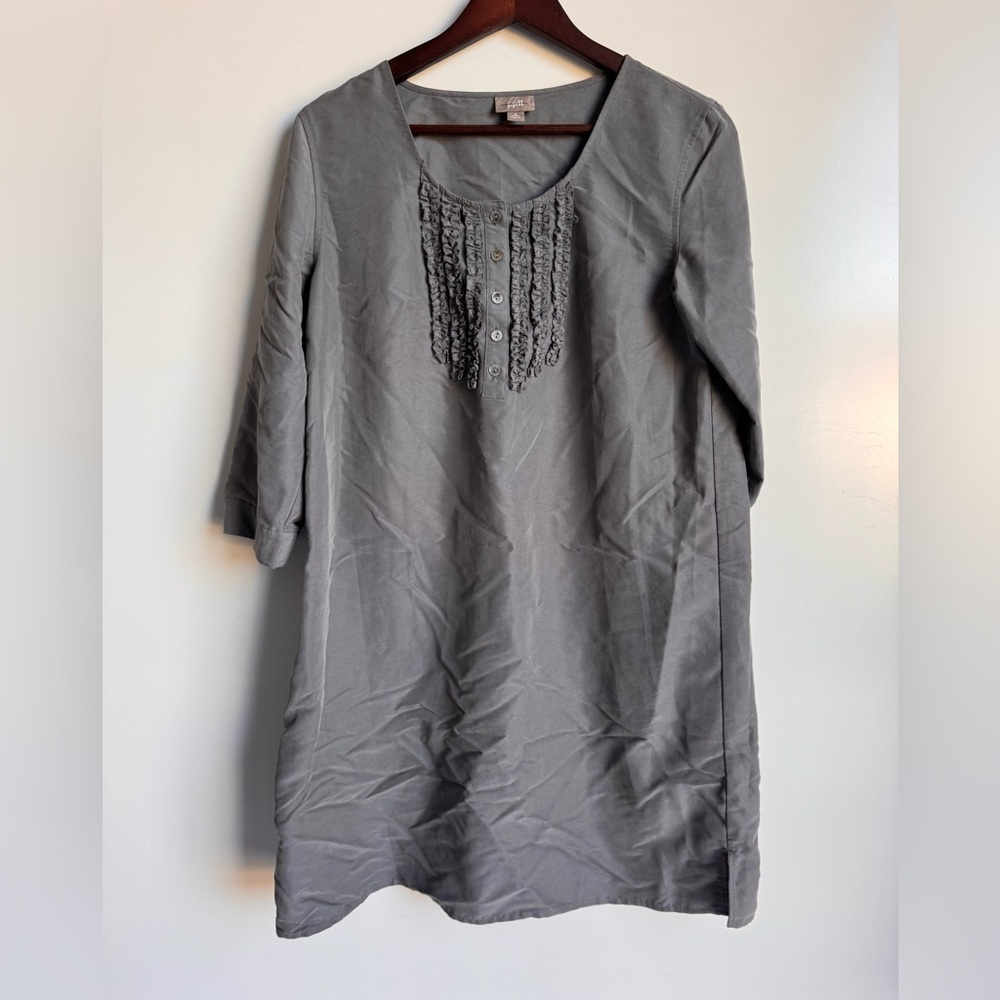 J.Jill Gray tuxedo ruffle roll tab sleeve shirt dress Women Small Petite Modal‎